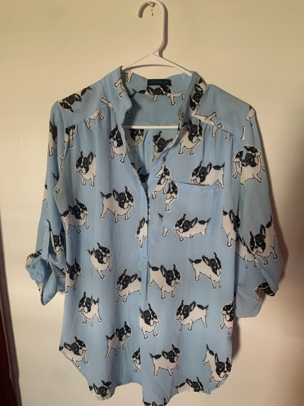 Light Blue French BullDog Print Short Sleeve Top